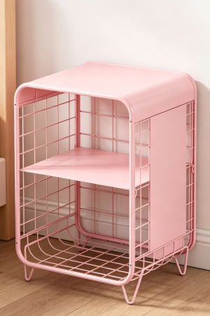 Pink 3-Tier Metal Kids Nightstand with Storage