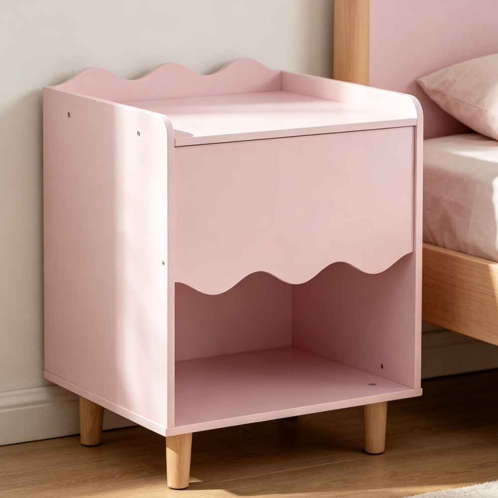 Pink Scalloped Kids Nightstand with Storage Solid Wood Legs